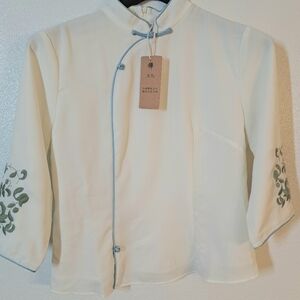 Elegant Chinese Style Cream Blouse with Green And Light Blue Embelishments